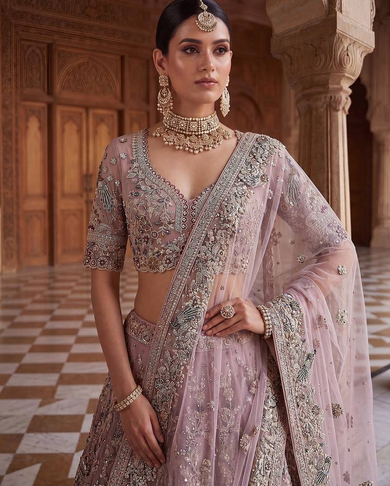 Pink Designer Embroidery With Hand Work Net Semi Stitched Lehenga Set