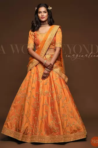 Orange Thread Embroidered & Sequins Silk Blend Semi Stitched Lehenga Set