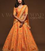 Orange Thread Embroidered & Sequins Silk Blend Semi Stitched Lehenga Set