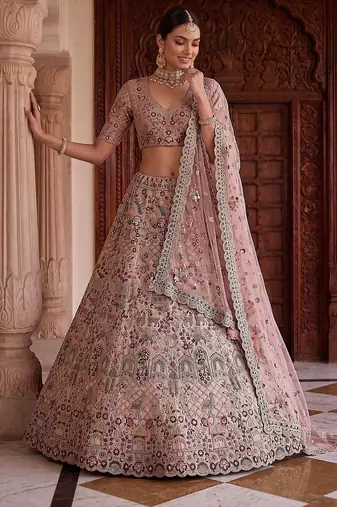 Mauve Designer Embroidery With Hand Work Silk Blend Semi Stitched Lehenga Set