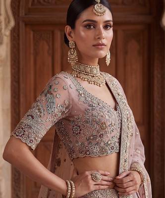 Pink Designer Embroidery With Hand Work Net Semi Stitched Lehenga Set 5