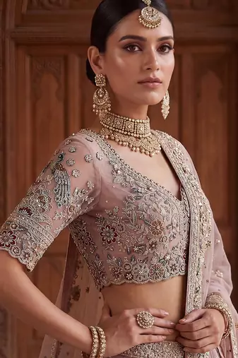 Pink Designer Embroidery With Hand Work Net Semi Stitched Lehenga Set