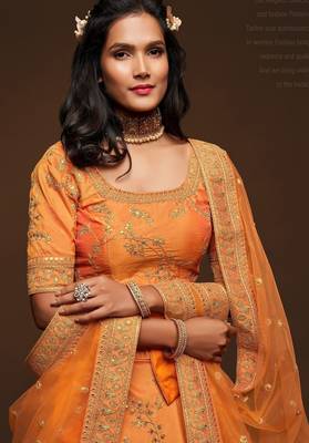 Orange Thread Embroidered & Sequins Silk Blend Semi Stitched Lehenga Set 2