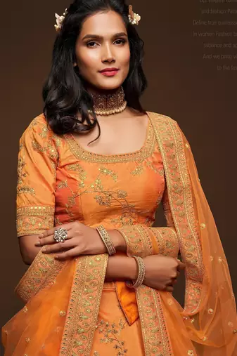 Orange Thread Embroidered & Sequins Silk Blend Semi Stitched Lehenga Set
