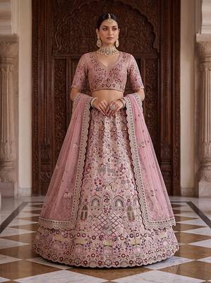 Mauve Designer Embroidery With Hand Work Silk Blend Semi Stitched Lehenga Set 2