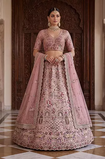 Mauve Designer Embroidery With Hand Work Silk Blend Semi Stitched Lehenga Set