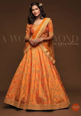 Orange Thread Embroidered & Sequins Silk Blend Semi Stitched Lehenga Set 3