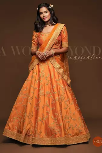 Orange Thread Embroidered & Sequins Silk Blend Semi Stitched Lehenga Set