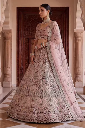 Mauve Designer Embroidery With Hand Work Silk Blend Semi Stitched Lehenga Set