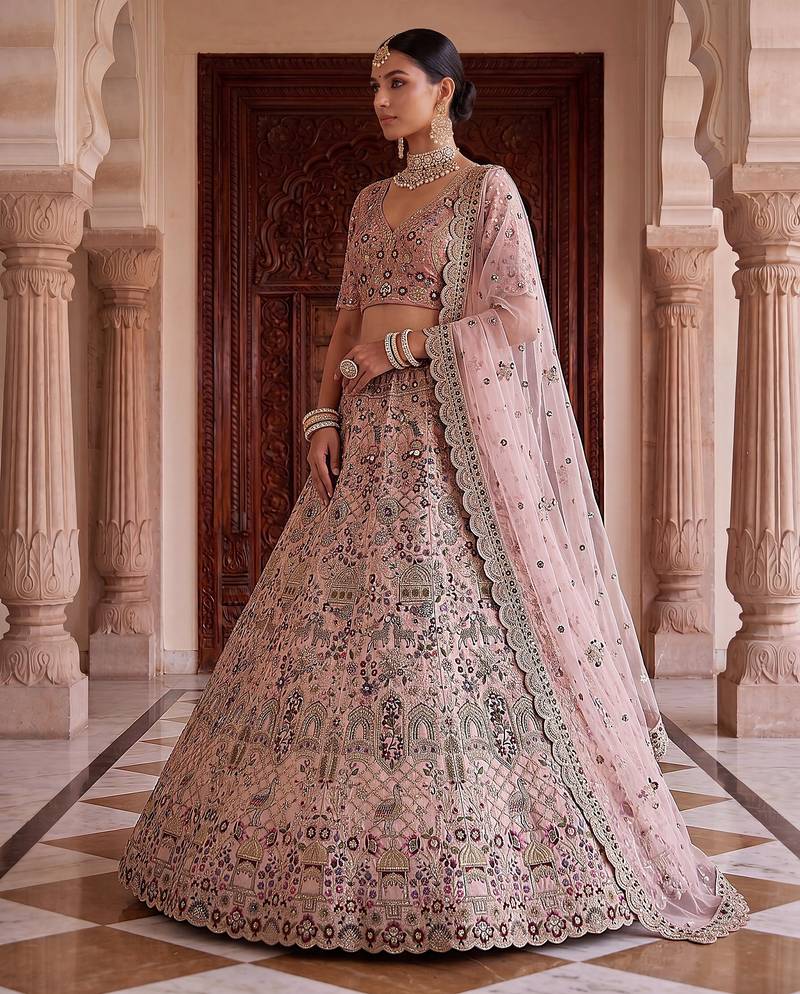 Mauve Designer Embroidery With Hand Work Silk Blend Semi Stitched Lehenga Set