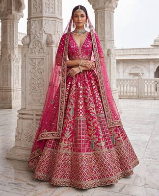 Pink Designer Embroidery With Hand Work Silk Blend Semi Stitched Lehenga Set 1