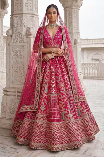 Pink Designer Embroidery With Hand Work Silk Blend Semi Stitched Lehenga Set
