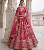 Pink Designer Embroidery With Hand Work Silk Blend Semi Stitched Lehenga Set