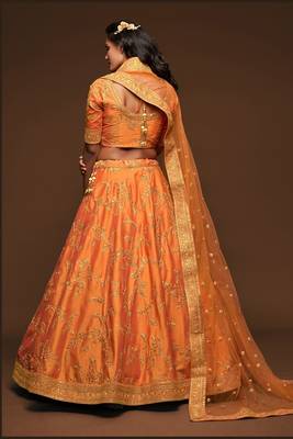 Orange Thread Embroidered & Sequins Silk Blend Semi Stitched Lehenga Set 4