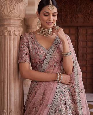 Mauve Designer Embroidery With Hand Work Silk Blend Semi Stitched Lehenga Set 4