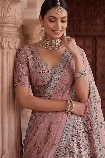 Mauve Designer Embroidery With Hand Work Silk Blend Semi Stitched Lehenga Set