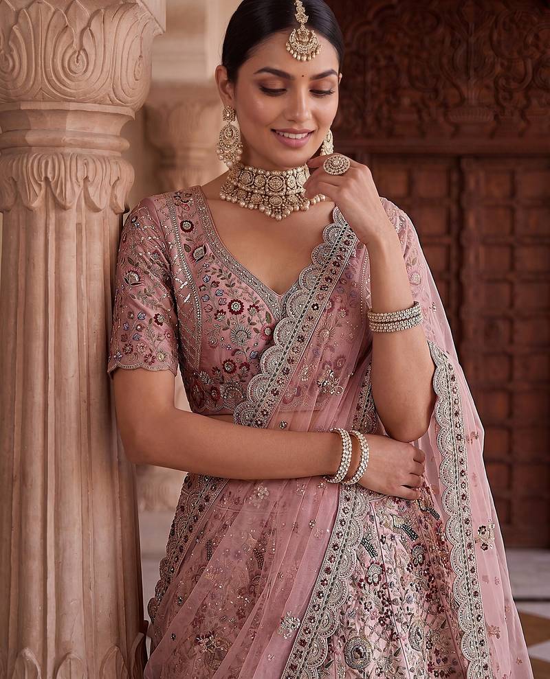 Mauve Designer Embroidery With Hand Work Silk Blend Semi Stitched Lehenga Set