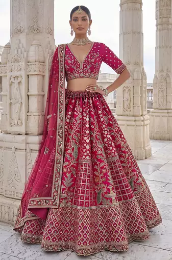 Pink Designer Embroidery With Hand Work Silk Blend Semi Stitched Lehenga Set