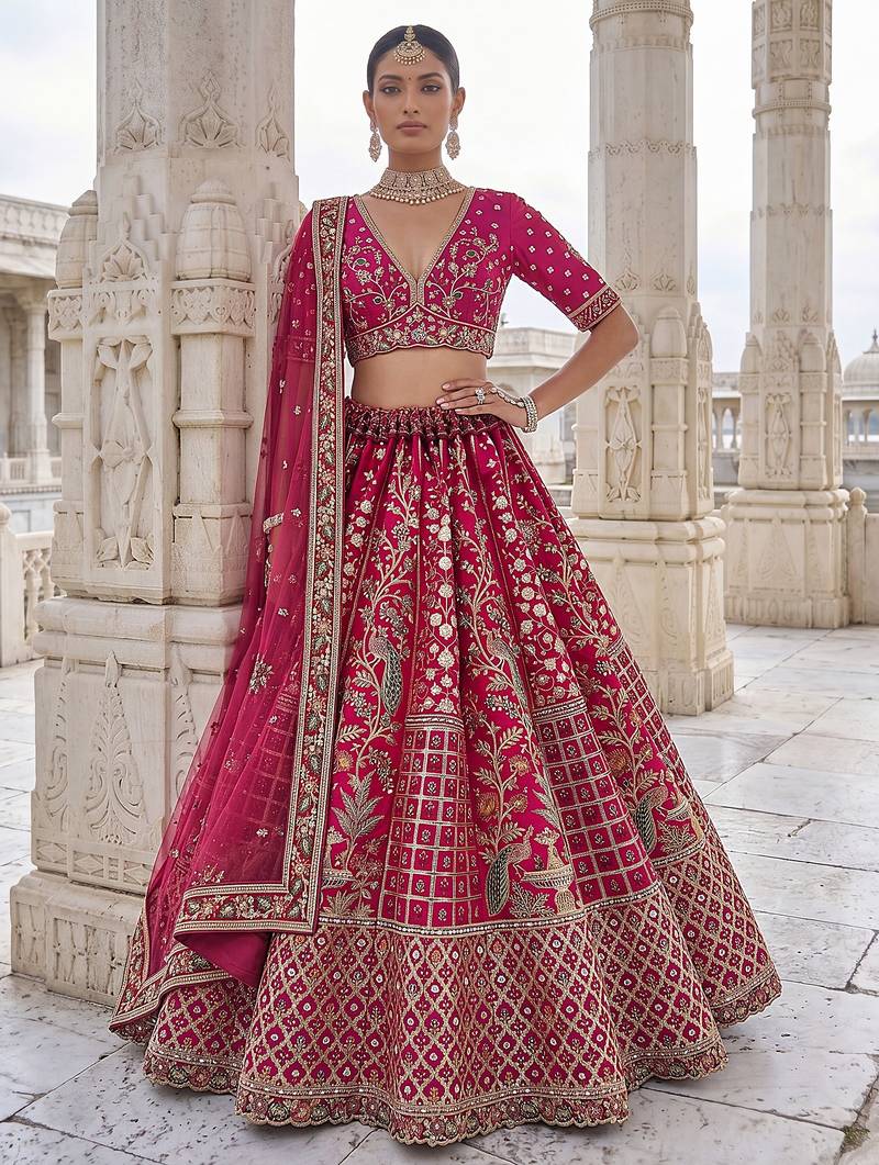 Pink Designer Embroidery With Hand Work Silk Blend Semi Stitched Lehenga Set