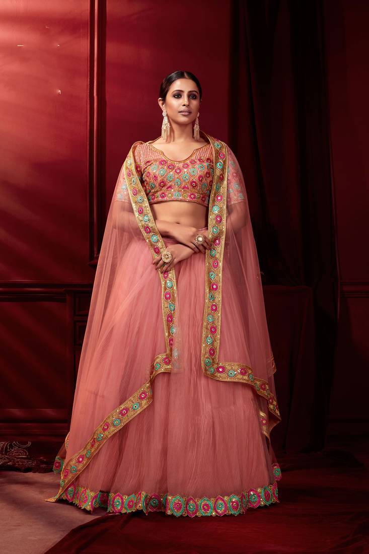 Pink Embroidered Sequins & Plastic Mirror Net Semi Stitched Lehenga Set