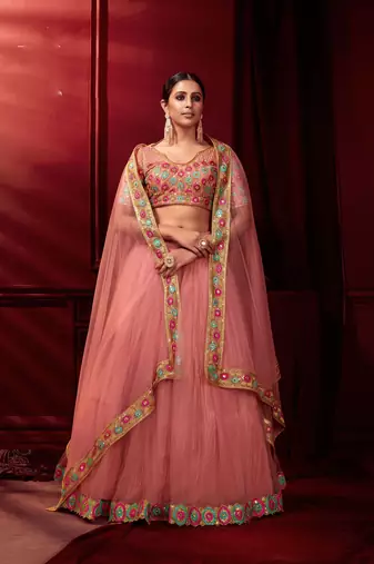 Pink Embroidered Sequins & Plastic Mirror Net Semi Stitched Lehenga Set