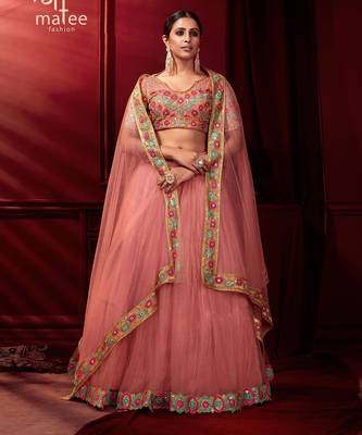 Pink Embroidered Sequins & Plastic Mirror Net Semi Stitched Lehenga Set 1
