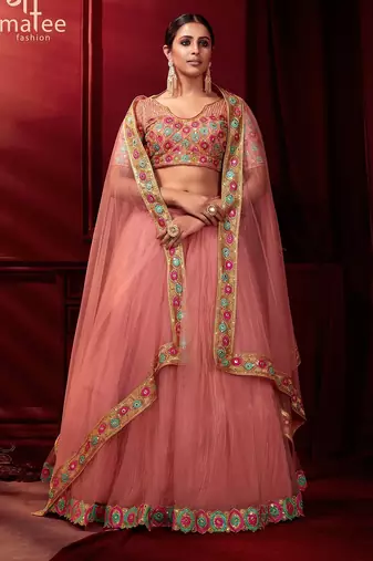 Pink Embroidered Sequins & Plastic Mirror Net Semi Stitched Lehenga Set