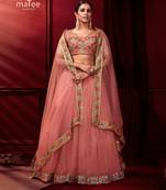 Pink Embroidered Sequins & Plastic Mirror Net Semi Stitched Lehenga Set