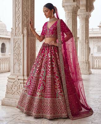 Pink Designer Embroidery With Hand Work Silk Blend Semi Stitched Lehenga Set 3