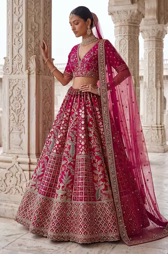 Pink Designer Embroidery With Hand Work Silk Blend Semi Stitched Lehenga Set