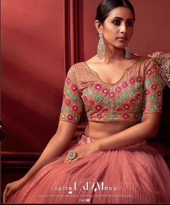 Pink Embroidered Sequins & Plastic Mirror Net Semi Stitched Lehenga Set 2