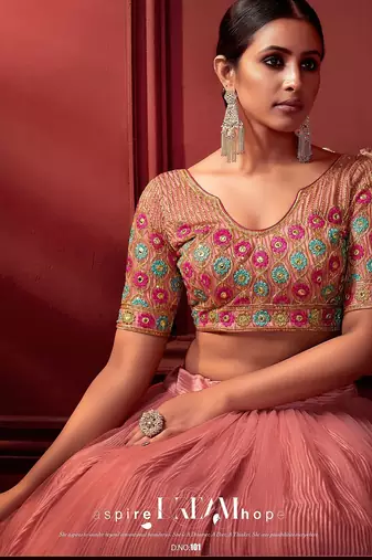 Pink Embroidered Sequins & Plastic Mirror Net Semi Stitched Lehenga Set