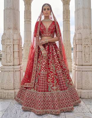 Red Designer Embroidery With Hand Work Silk Blend Semi Stitched Lehenga Set 1