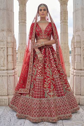 Red Designer Embroidery With Hand Work Silk Blend Semi Stitched Lehenga Set