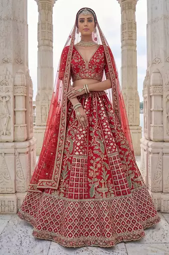 Red Designer Embroidery With Hand Work Silk Blend Semi Stitched Lehenga Set