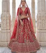 Red Designer Embroidery With Hand Work Silk Blend Semi Stitched Lehenga Set