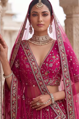 Pink Designer Embroidery With Hand Work Silk Blend Semi Stitched Lehenga Set