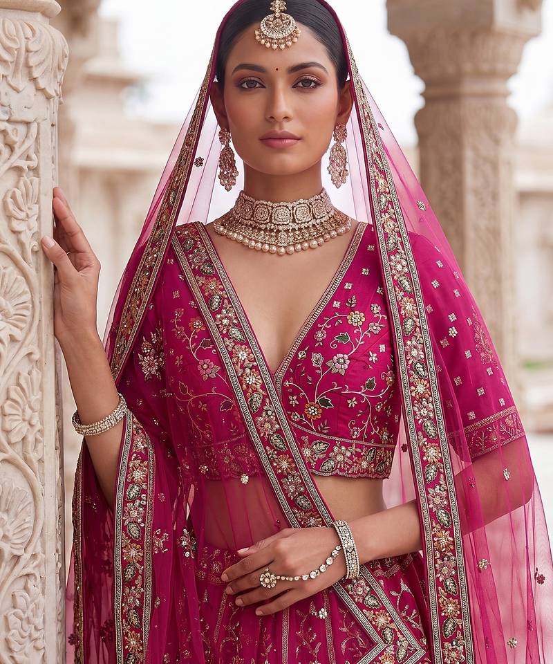 Pink Designer Embroidery With Hand Work Silk Blend Semi Stitched Lehenga Set