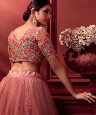 Pink Embroidered Sequins & Plastic Mirror Net Semi Stitched Lehenga Set 3