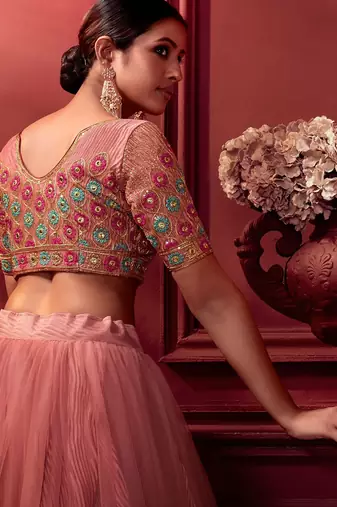 Pink Embroidered Sequins & Plastic Mirror Net Semi Stitched Lehenga Set