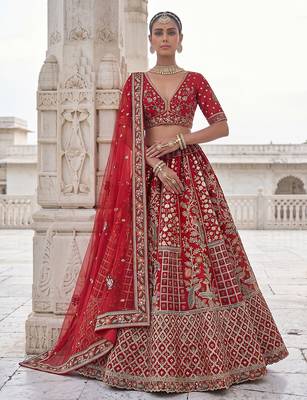 Red Designer Embroidery With Hand Work Silk Blend Semi Stitched Lehenga Set 2