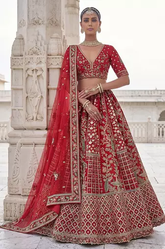Red Designer Embroidery With Hand Work Silk Blend Semi Stitched Lehenga Set