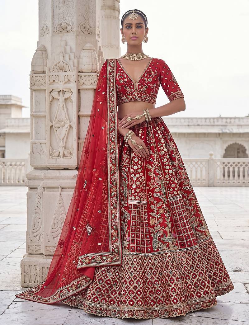 Red Designer Embroidery With Hand Work Silk Blend Semi Stitched Lehenga Set