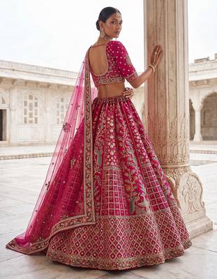 Pink Designer Embroidery With Hand Work Silk Blend Semi Stitched Lehenga Set 5