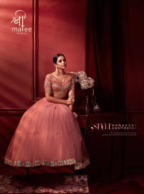 Pink Embroidered Sequins & Plastic Mirror Net Semi Stitched Lehenga Set 4