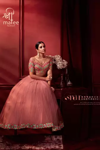 Pink Embroidered Sequins & Plastic Mirror Net Semi Stitched Lehenga Set