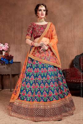Blue Stone Embroidered & Sequins Silk Blend Semi Stitched Lehenga Set 1