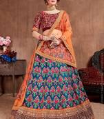 Blue Stone Embroidered & Sequins Silk Blend Semi Stitched Lehenga Set