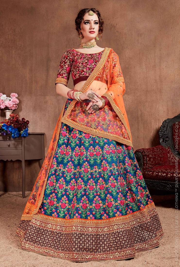 Blue Stone Embroidered & Sequins Silk Blend Semi Stitched Lehenga Set