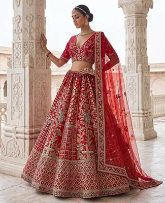 Red Designer Embroidery With Hand Work Silk Blend Semi Stitched Lehenga Set 3